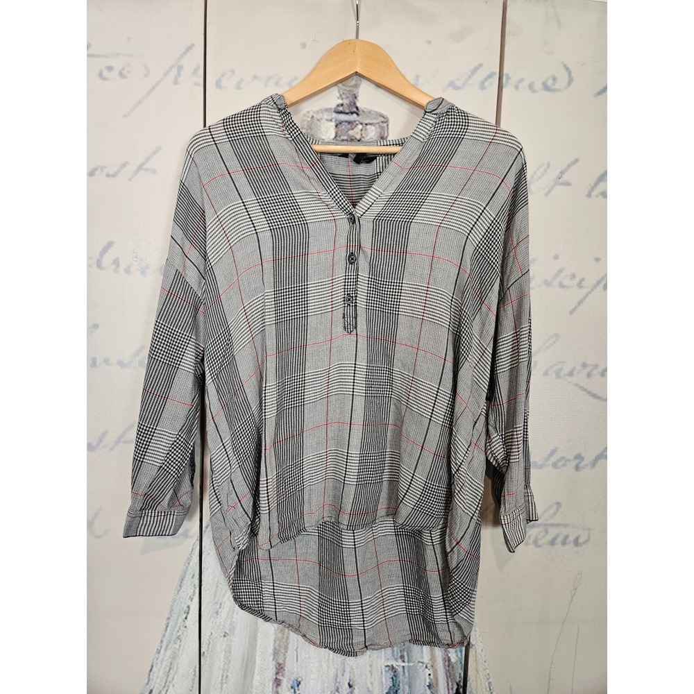 Lucky Brand Plaid Blouse Large Gray Glen Check Oversized V-Neck Cotton Top